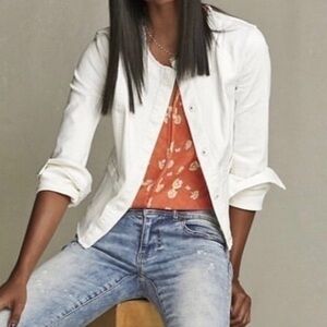 CABI Castaway Denim Jacket Womens White Collarless Fray Raw Trim